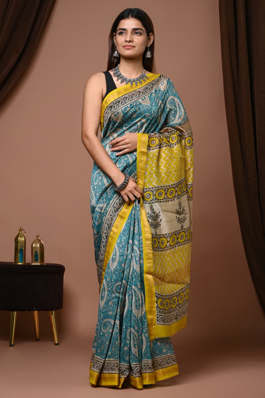 Multi color pure maheswari silk saree with pure hand block printed work