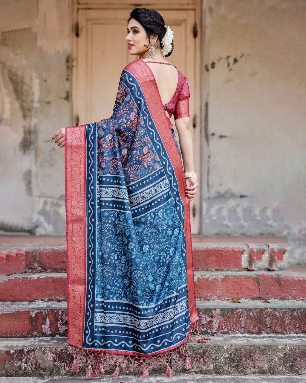 Digital Kalamkari printed tussar silk saree with zari motif border