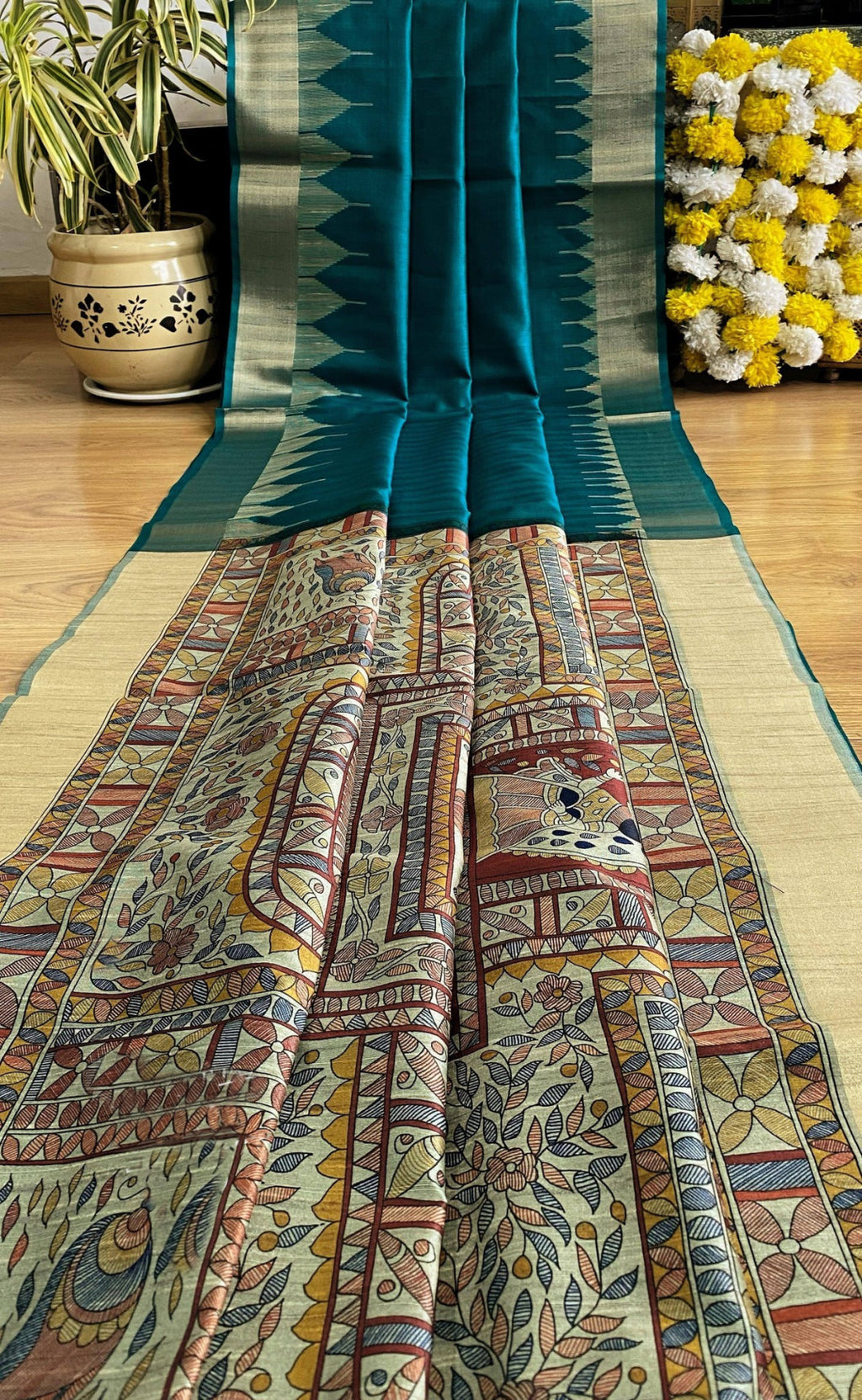 Traditional madhubani printed soft tussar silk saree