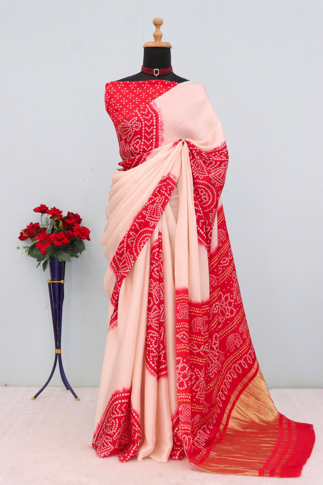 Multi color pure gajji silk saree with bandhej print and lagadi pallu work
