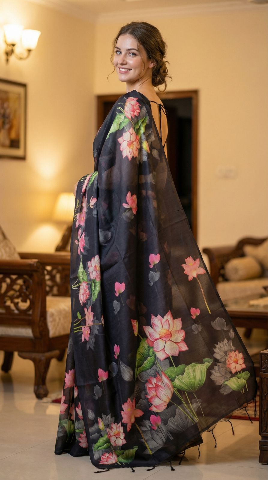 Black color soft tussar silk saree with lotus floral printed work