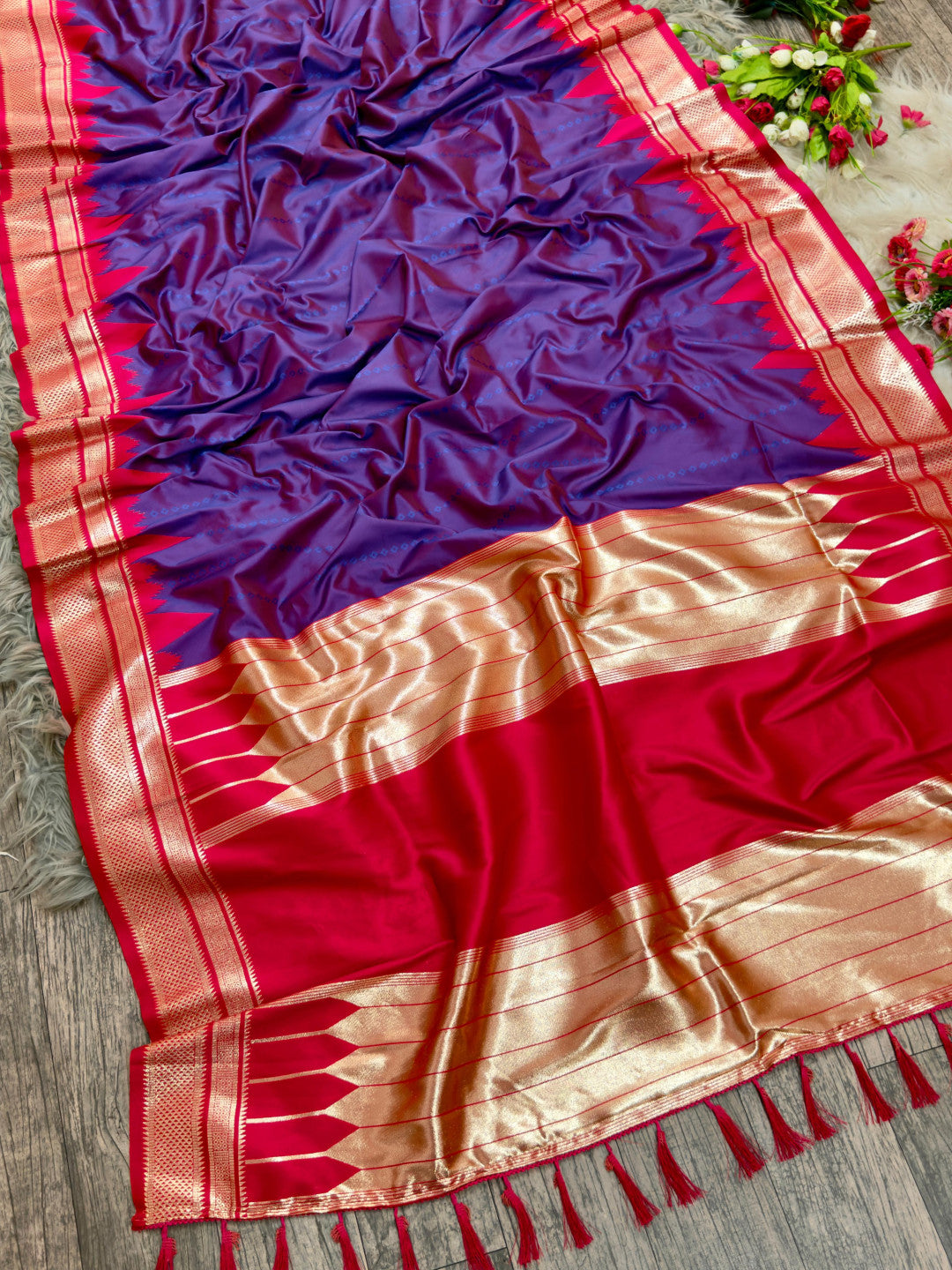 Ikkat temple border banarasi silk saree with zari weaving work