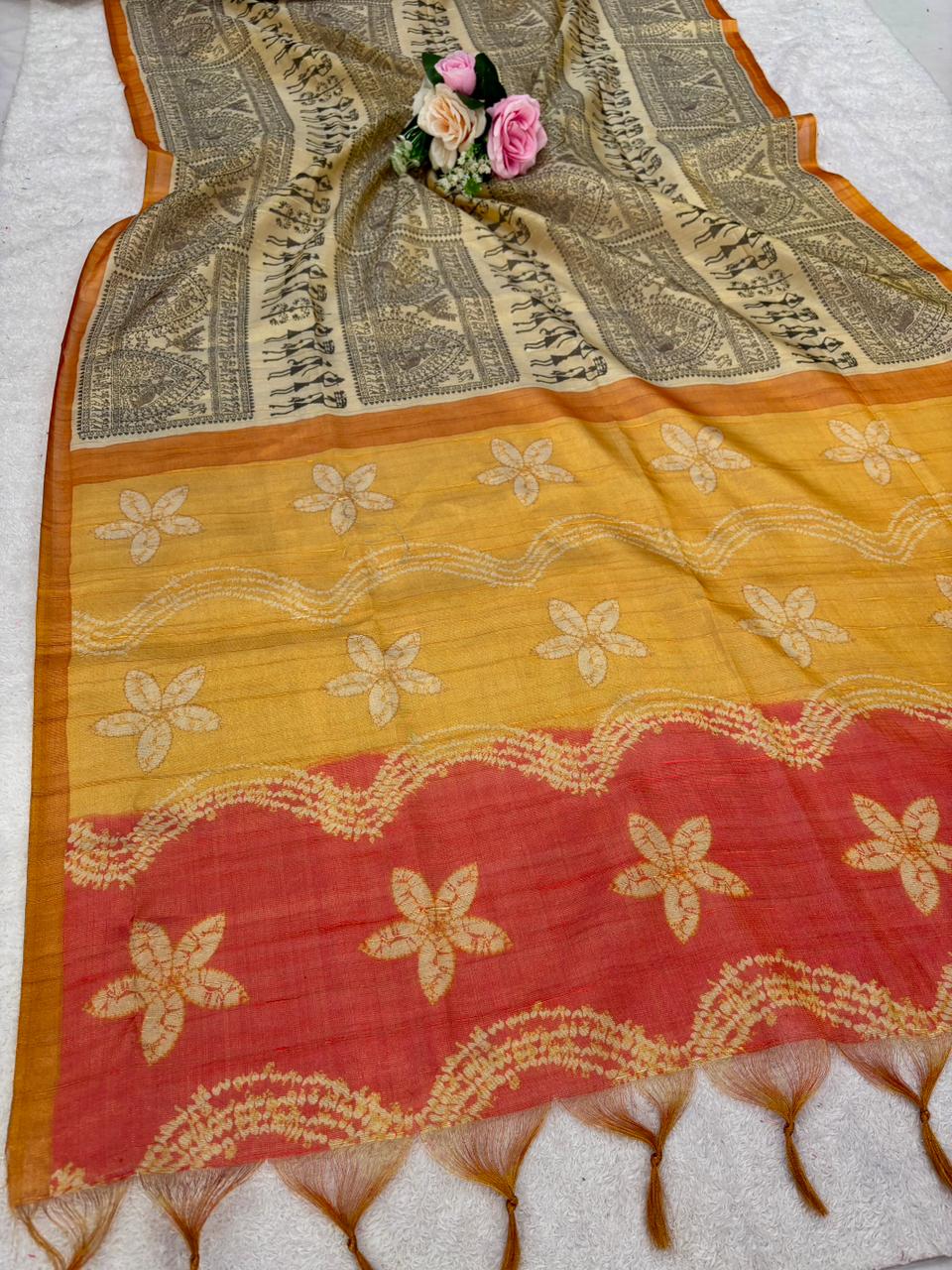 Soft tissue tussar silk saree with warli printed work