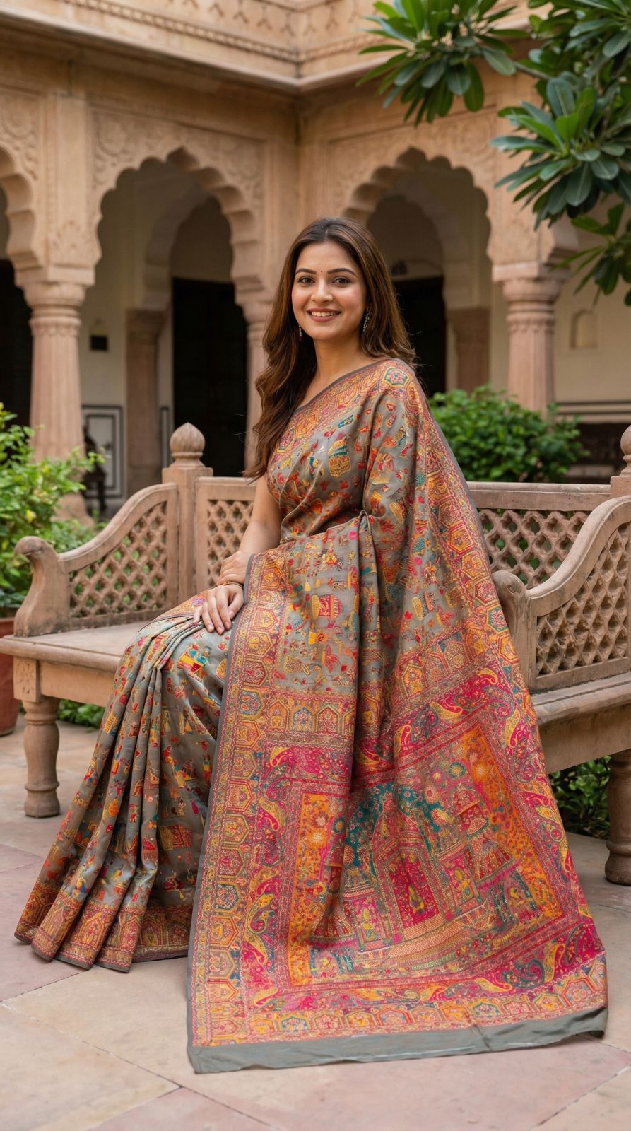 Traditional pashmina silk saree with woven design