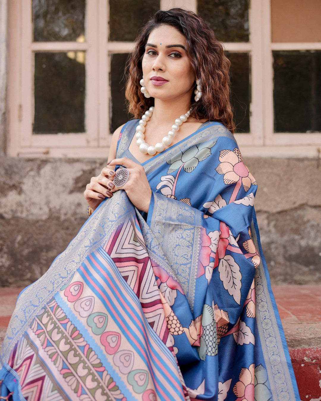 Digital Kalamkari printed tussar silk saree with zari motif border