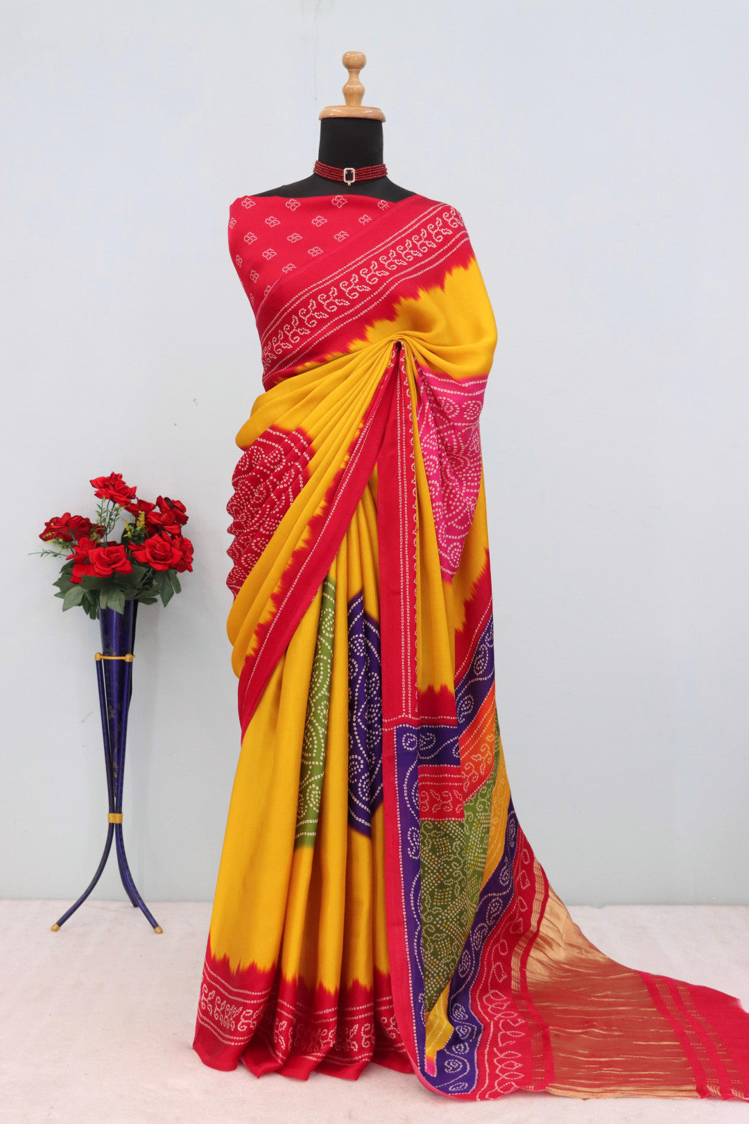 Multi color pure gajji silk saree with bandhej print and lagadi pallu work